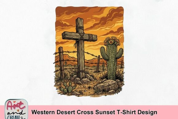Western Desert Cross Sunset T-Shirt Design